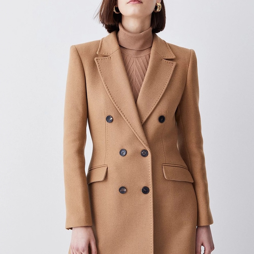 Karen Millen Italian Virgin Wool Double Breasted Short Coat in Camel